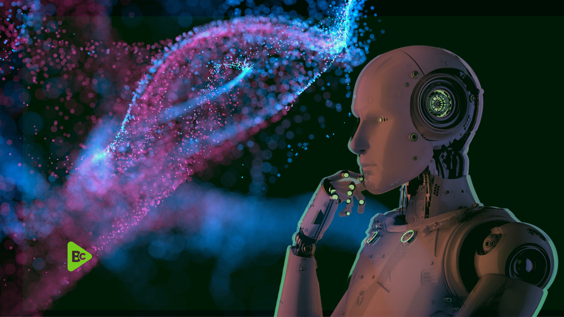 Intelligenza Artificiale rivoluzione aziendale, logo Business Changers, robot con mano sul mento, sfondo astratto, colore